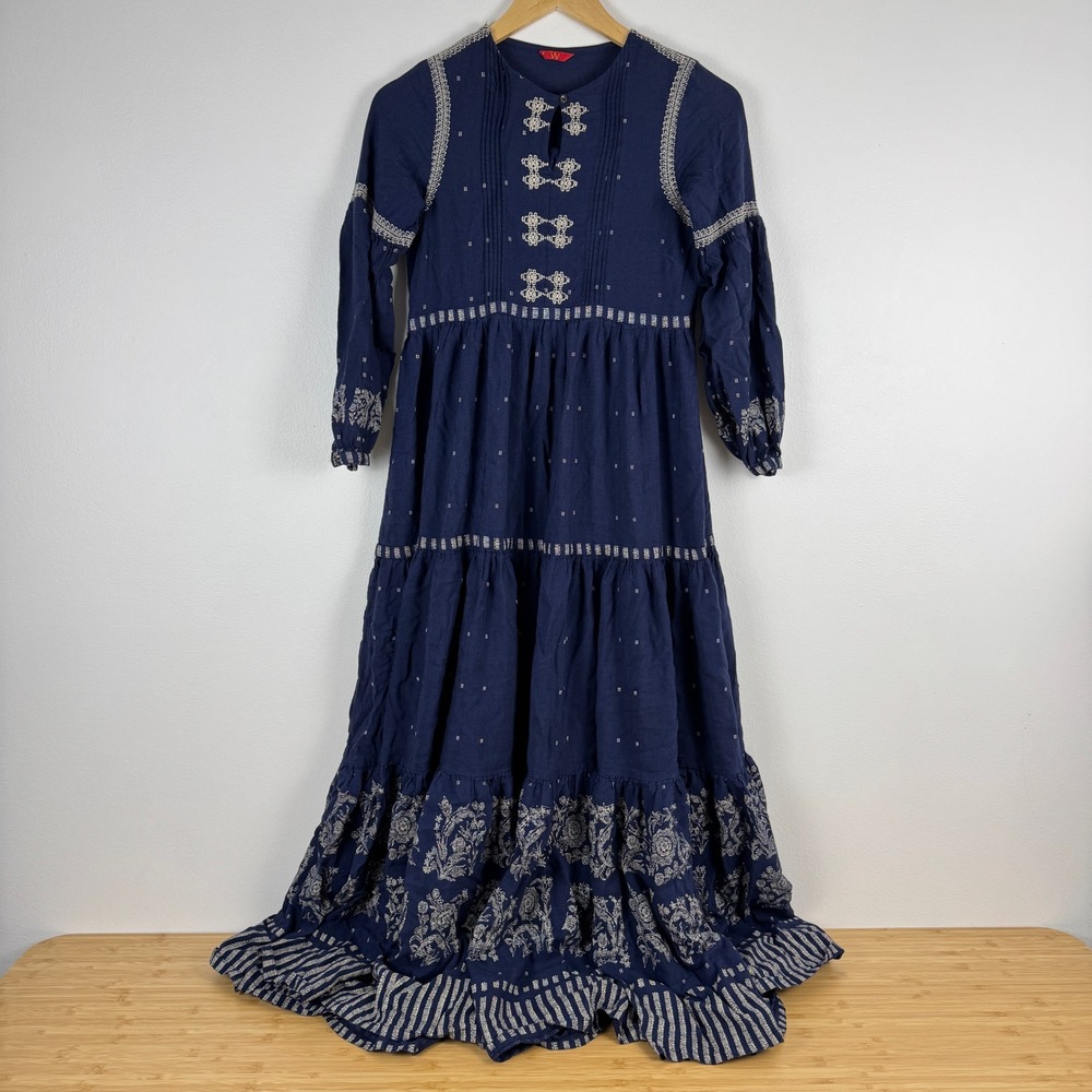 W for Woman Navy Blue Round Neck Kurta Tiered Embroidered Maxi Dress Size‎ 8